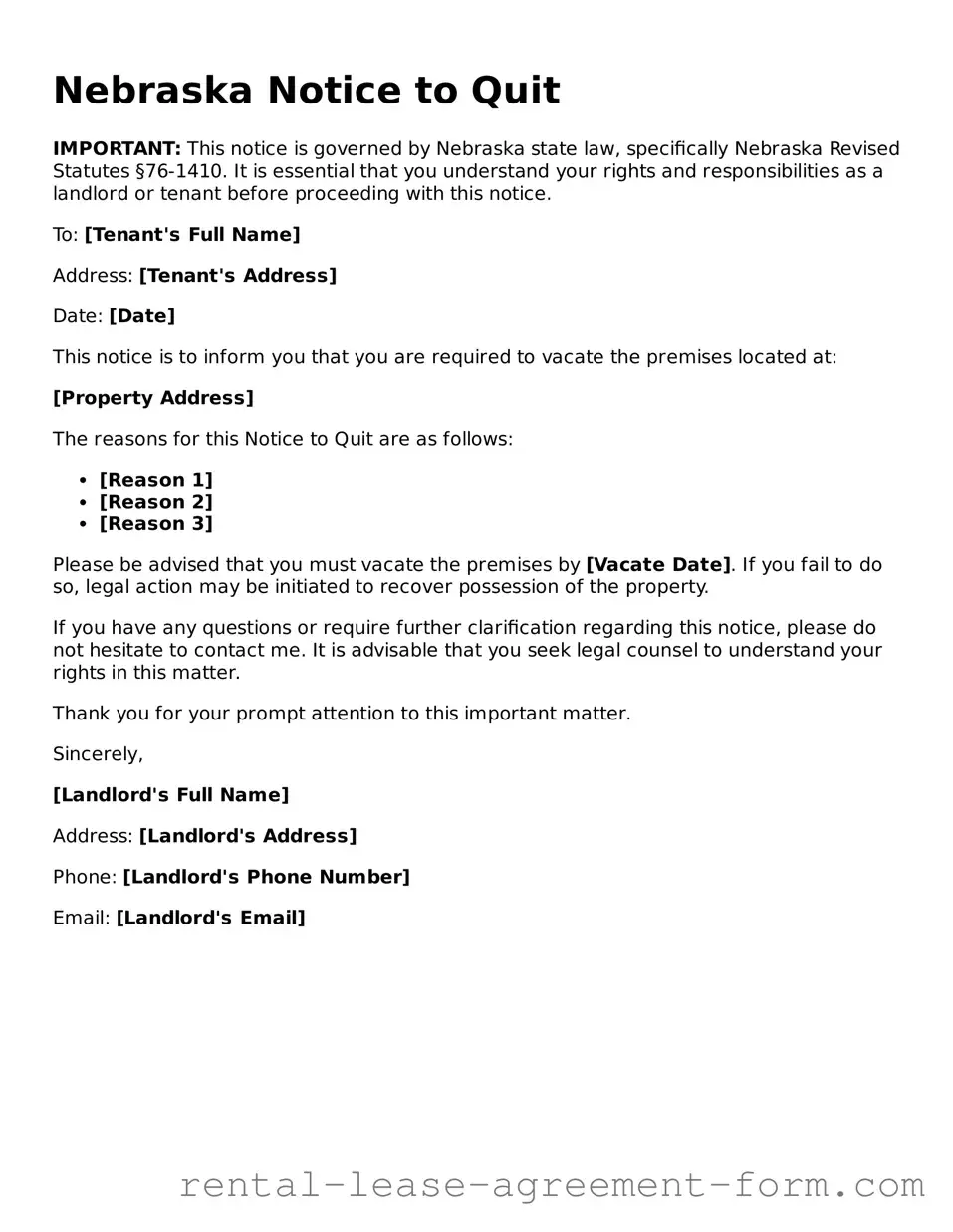 Legal Nebraska Notice to Quit Template