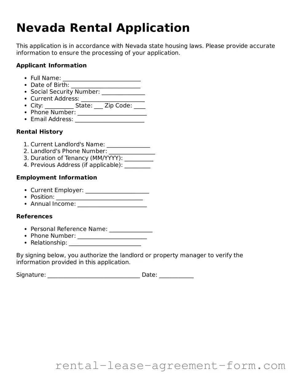 Legal Nevada Rental Application Template
