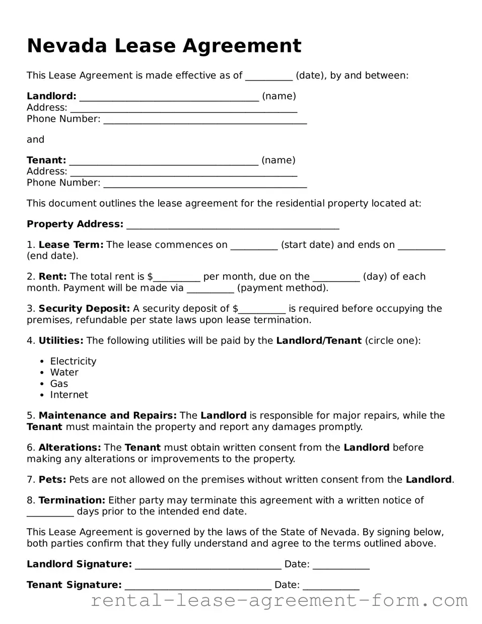 Legal Nevada Lease Agreement Template