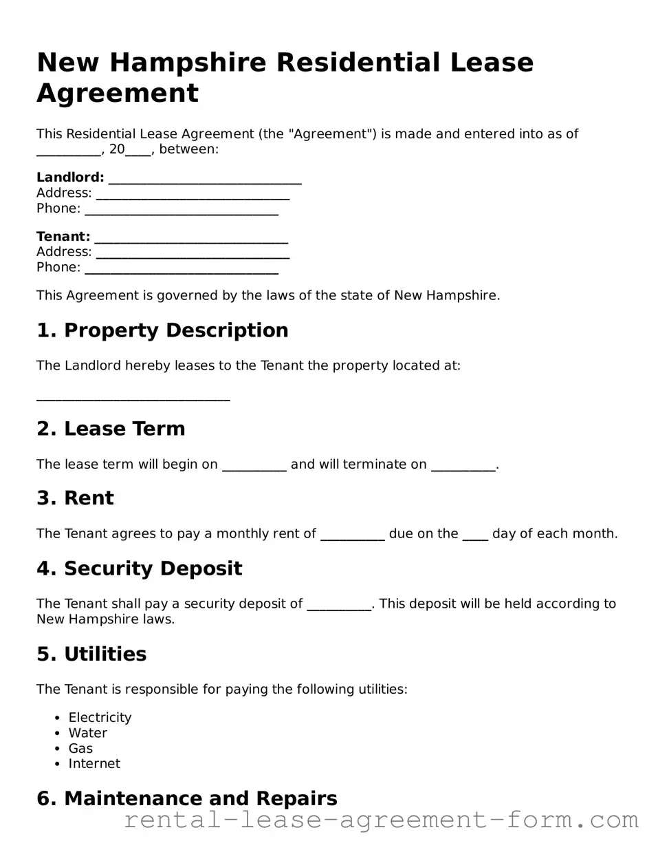 Legal New Hampshire Residential Lease Agreement Template