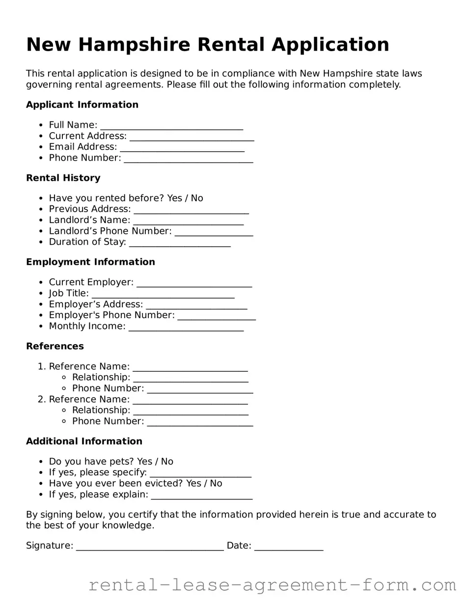 Legal New Hampshire Rental Application Template
