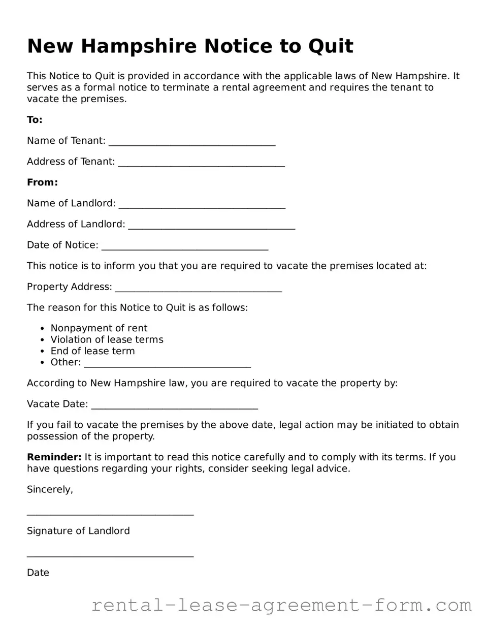 Legal New Hampshire Notice to Quit Template