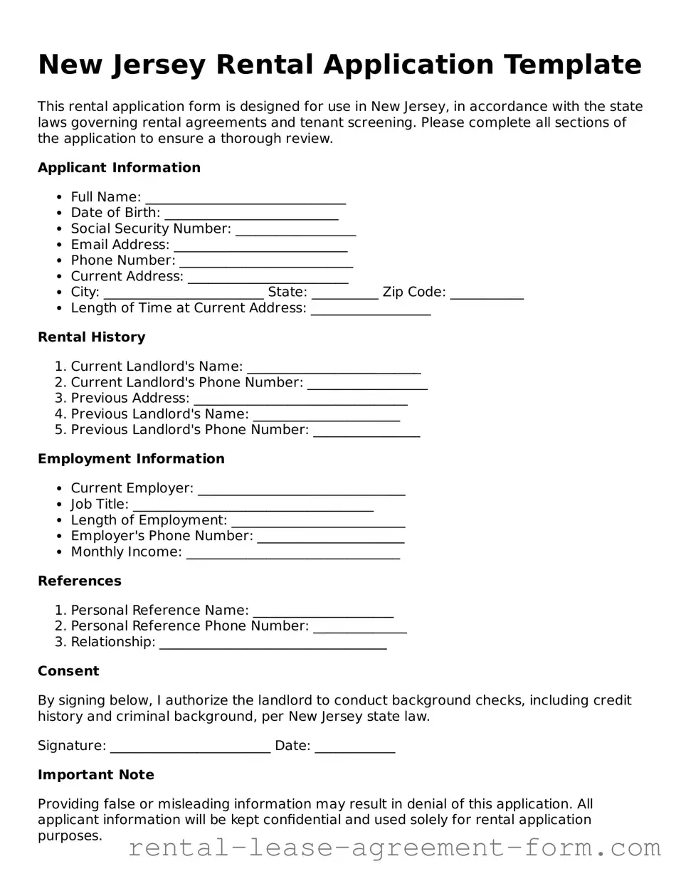 Legal New Jersey Rental Application Template