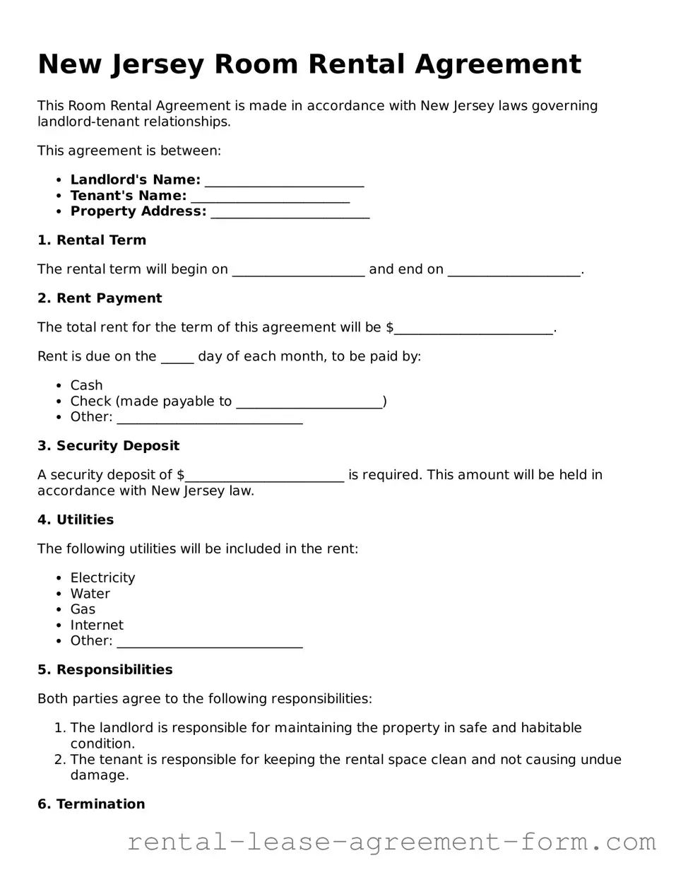 Legal New Jersey Room Rental Agreement Template