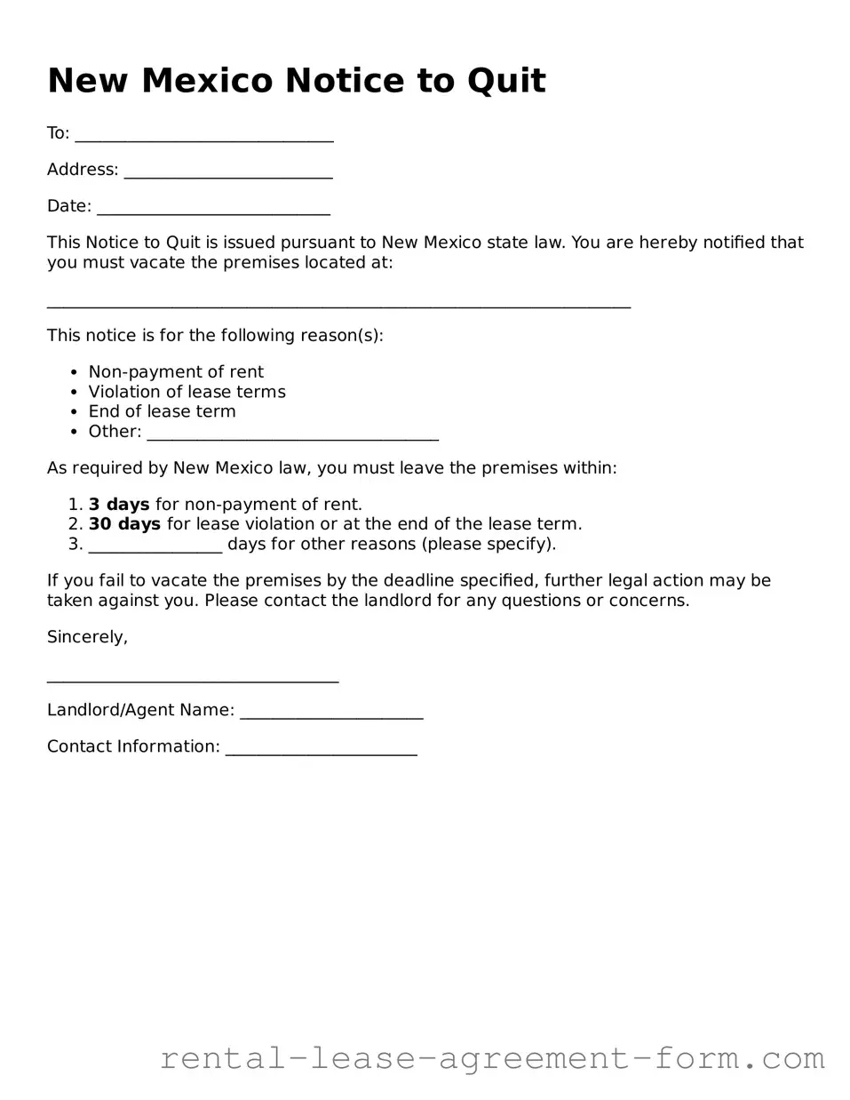 Legal New Mexico Notice to Quit Template