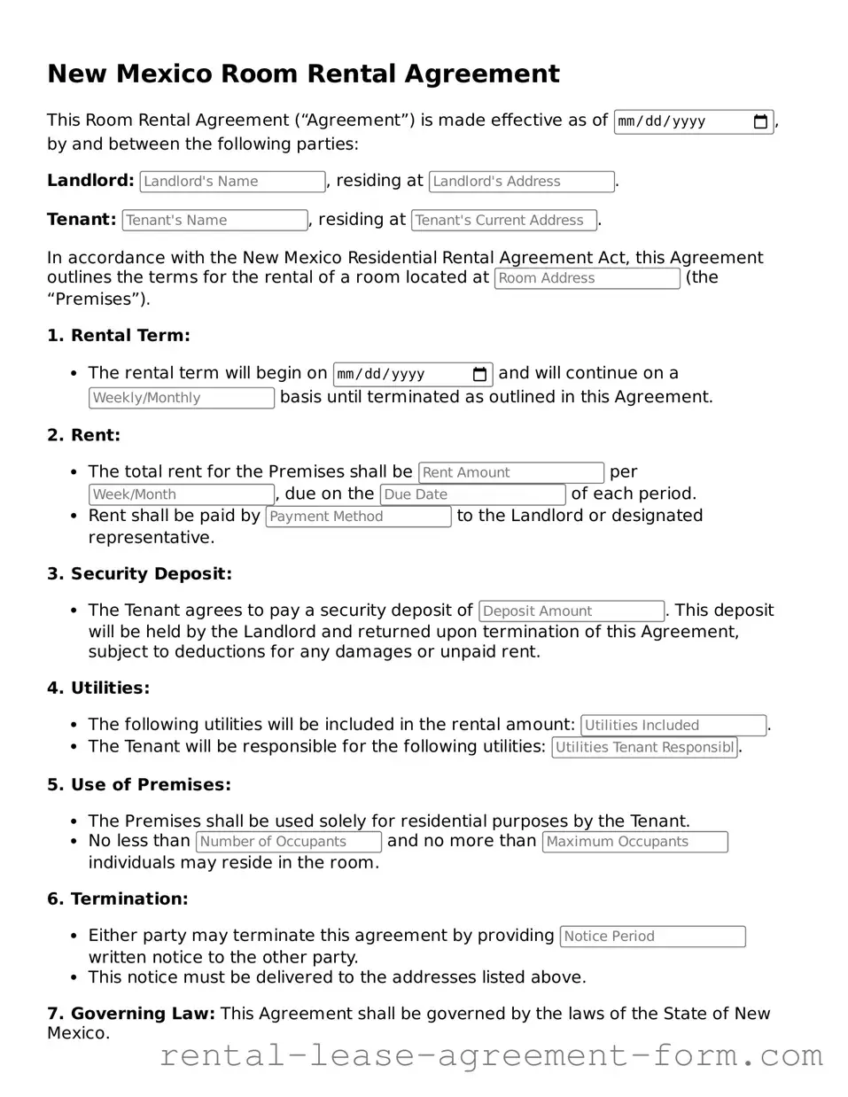 Legal New Mexico Room Rental Agreement Template
