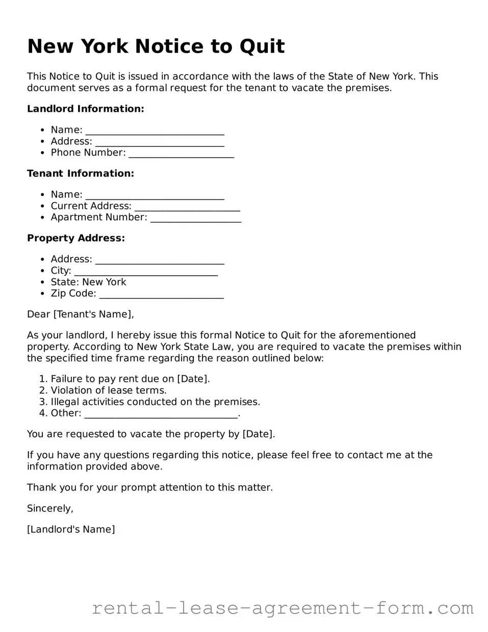 Legal New York Notice to Quit Template