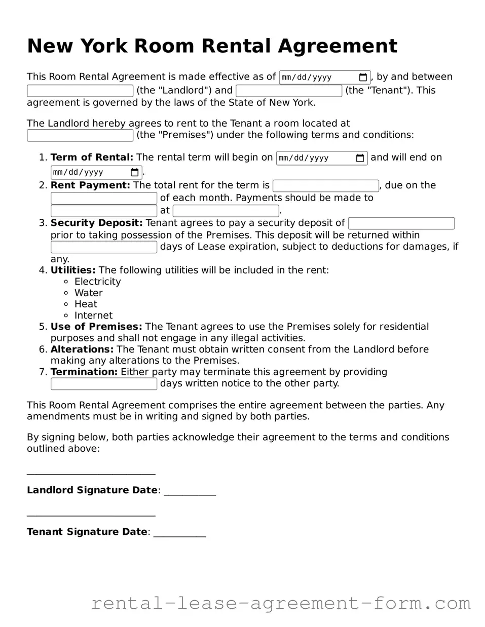 Legal New York Room Rental Agreement Template