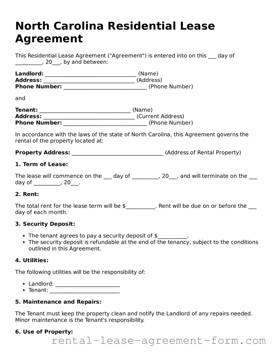 Legal North Carolina Residential Lease Agreement Template