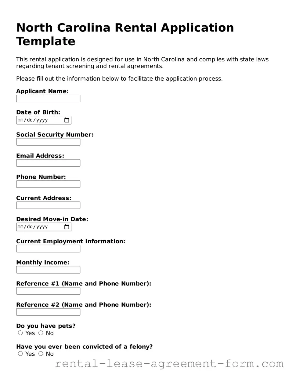 Legal North Carolina Rental Application Template