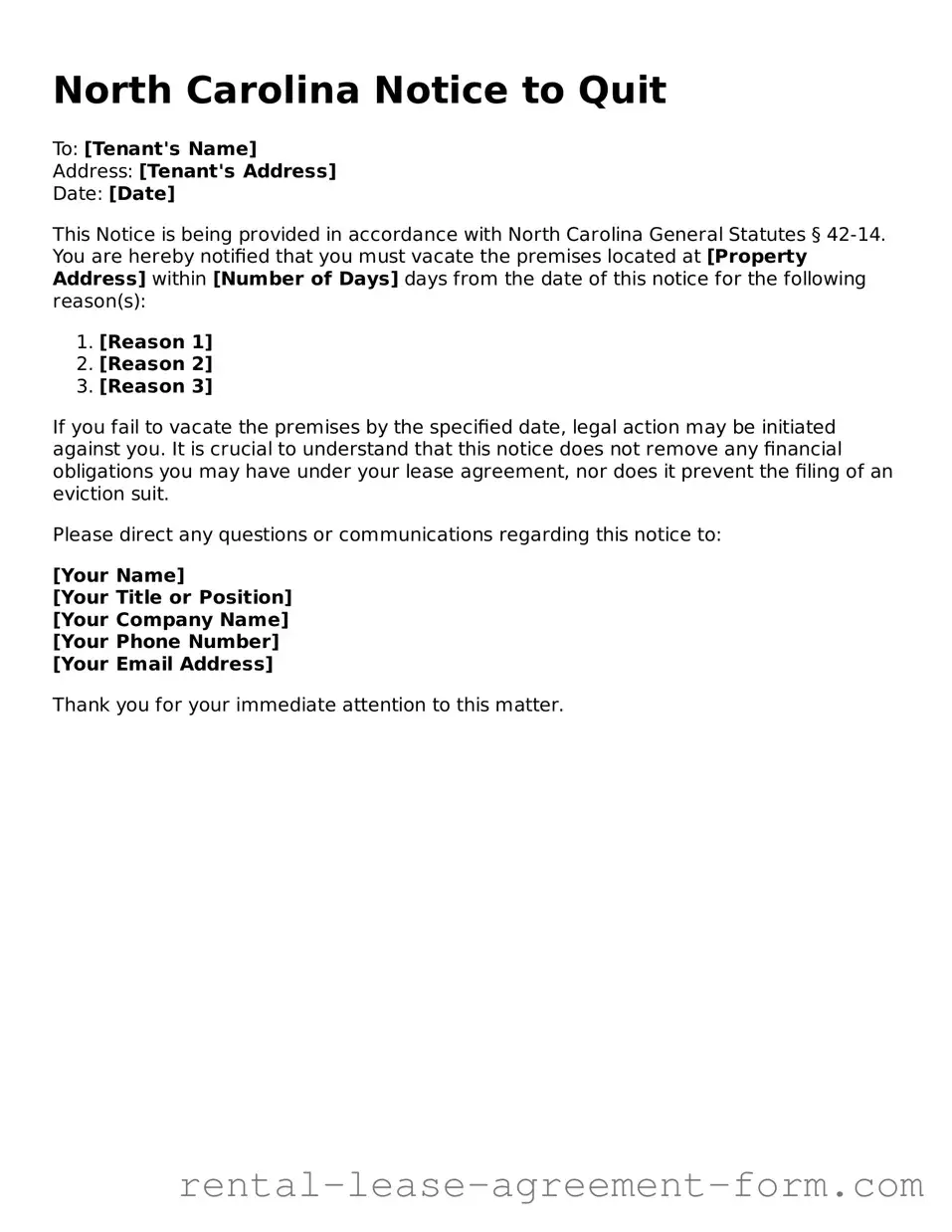 Legal North Carolina Notice to Quit Template