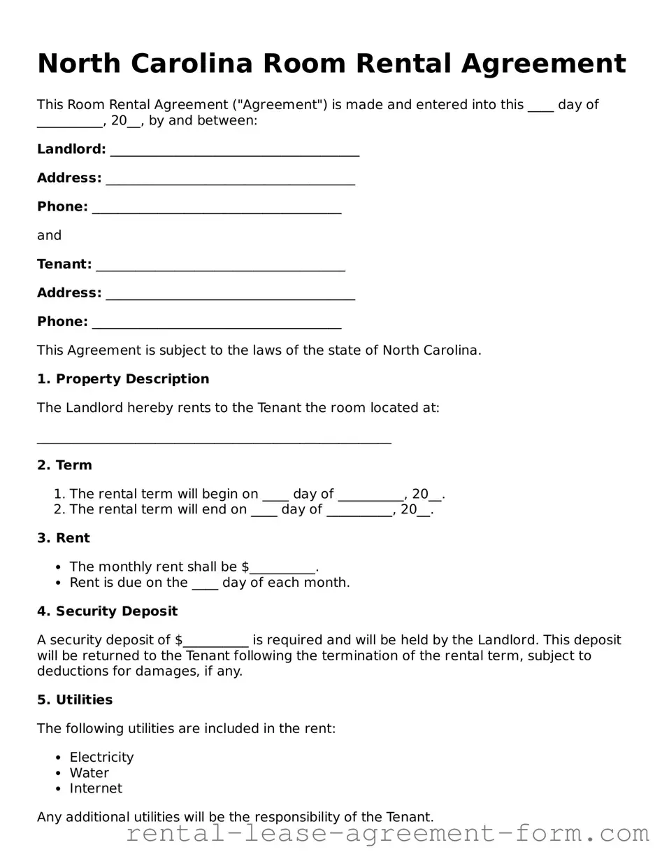 Legal North Carolina Room Rental Agreement Template