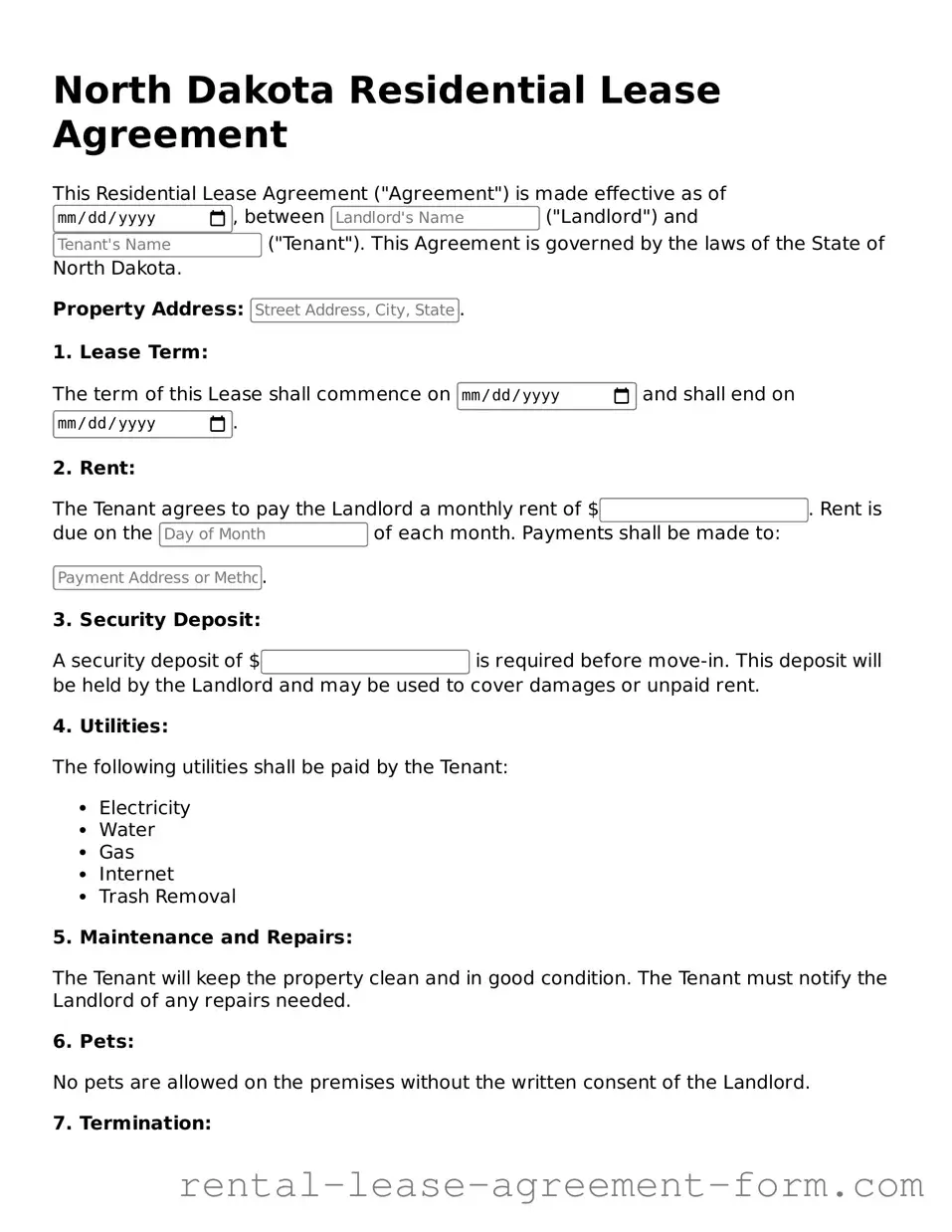 Legal North Dakota Residential Lease Agreement Template