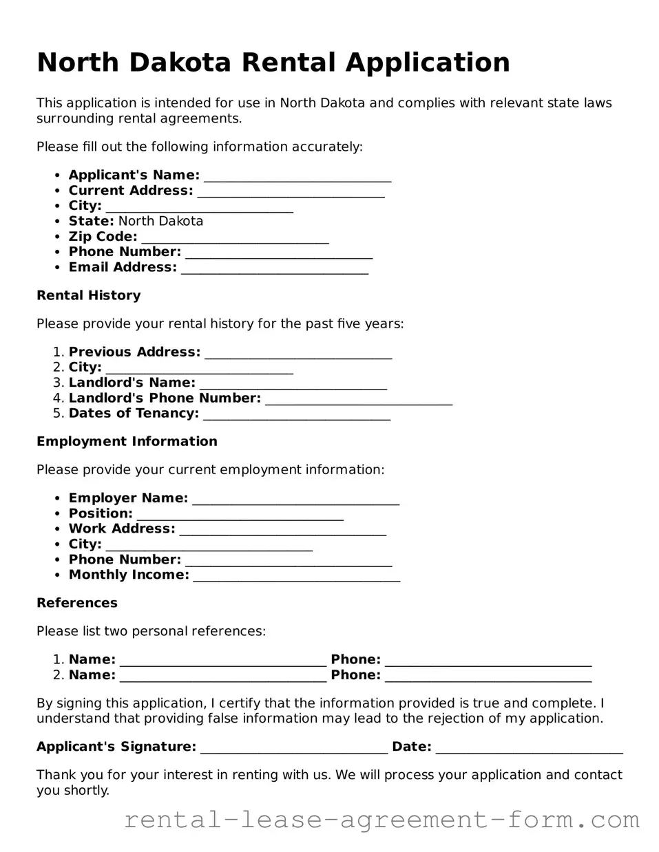 Legal North Dakota Rental Application Template