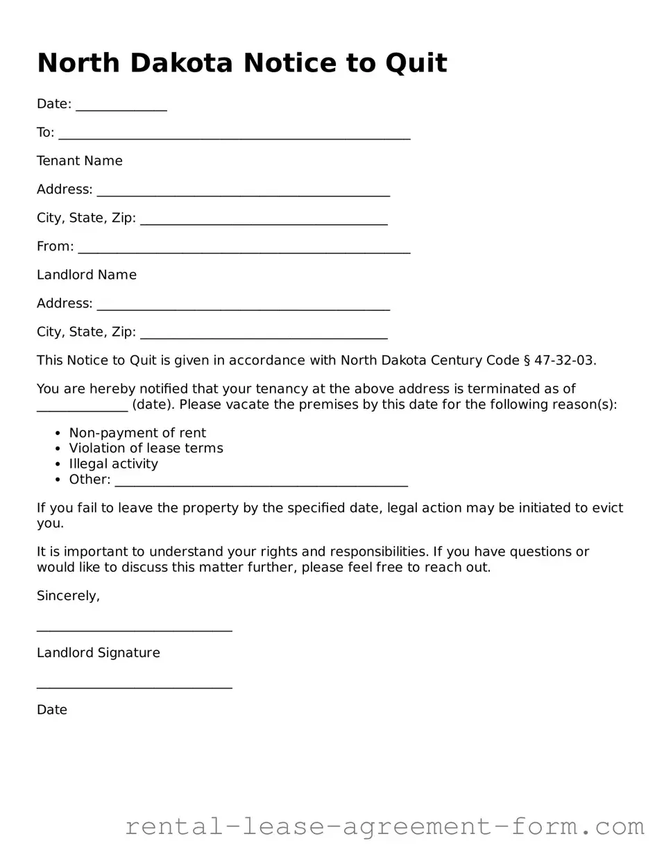 Legal North Dakota Notice to Quit Template