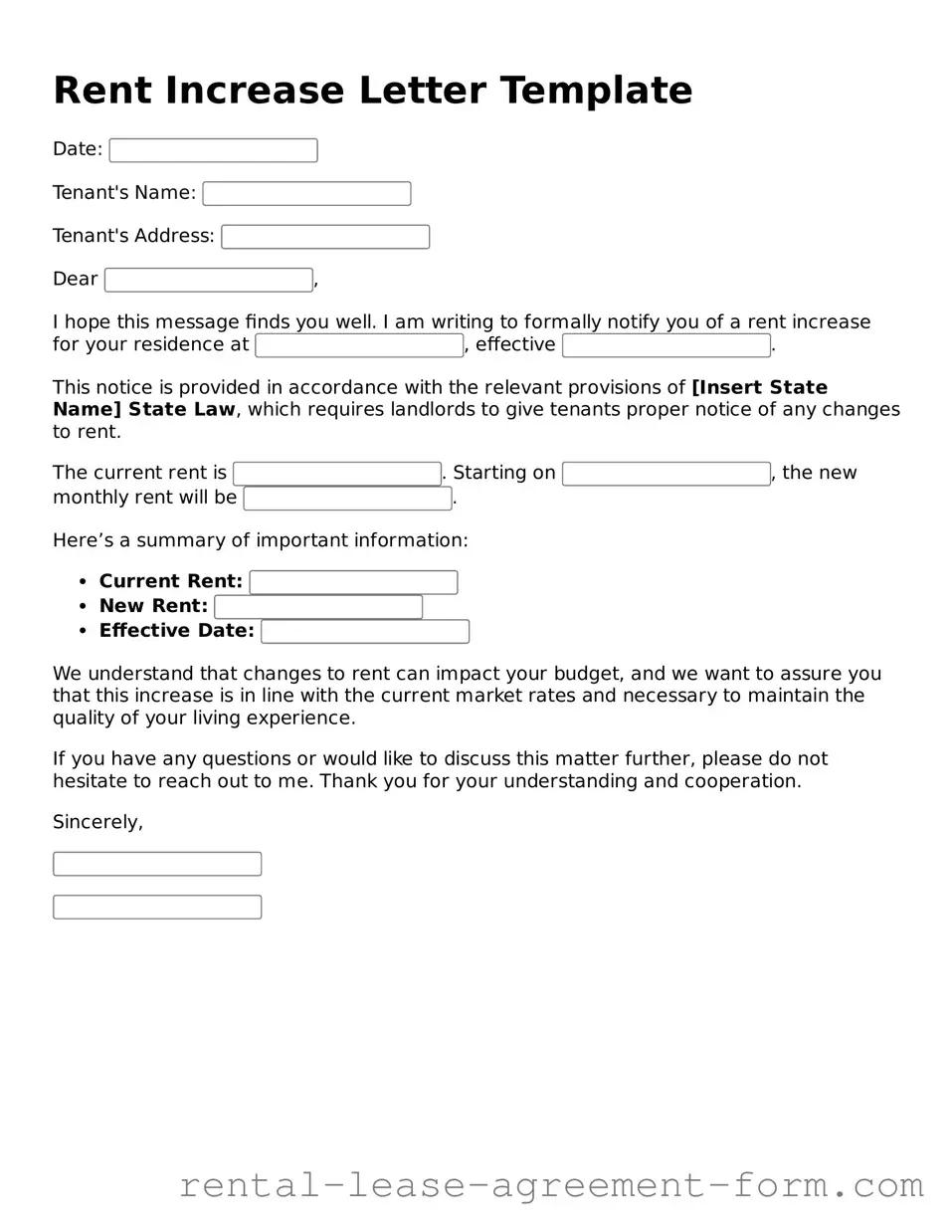 Legal Rent Increase Letter Form