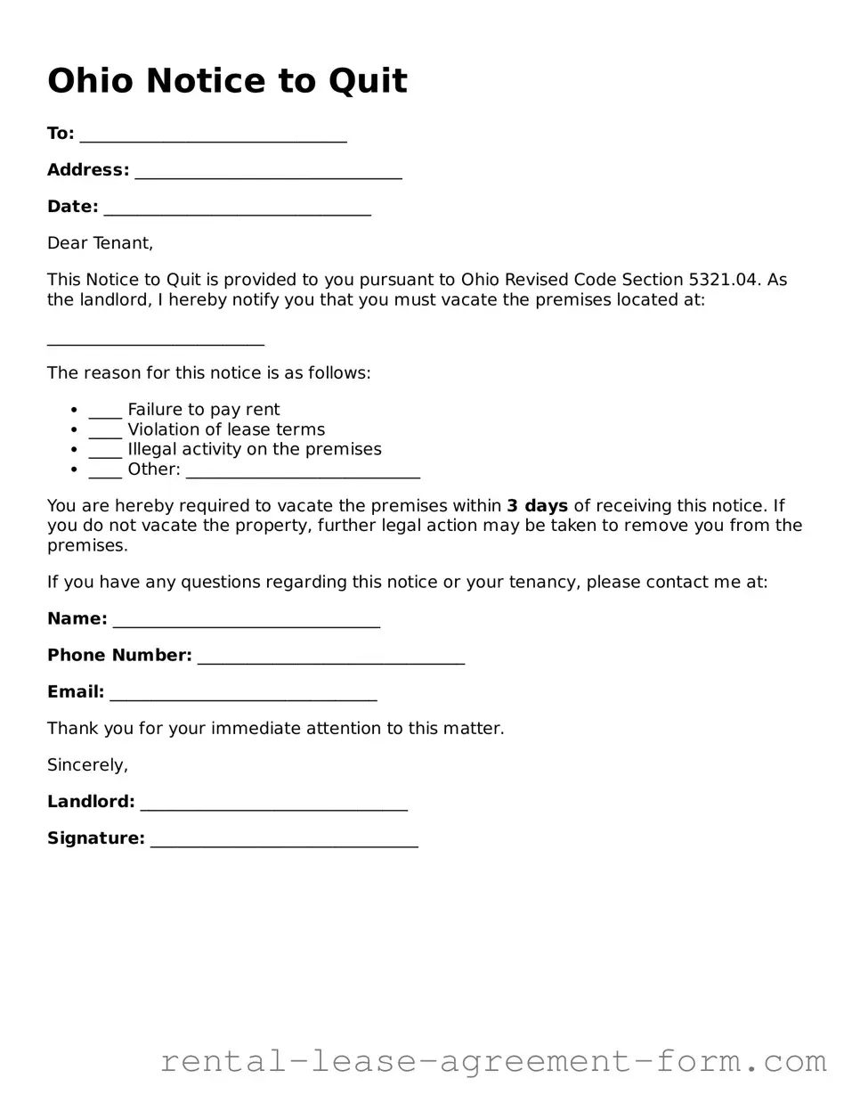 Legal Ohio Notice to Quit Template