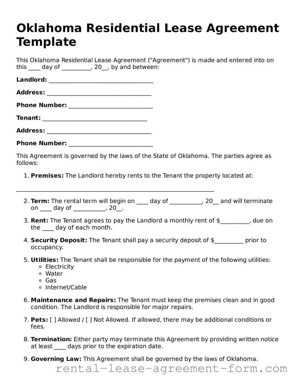 Legal Oklahoma Residential Lease Agreement Template