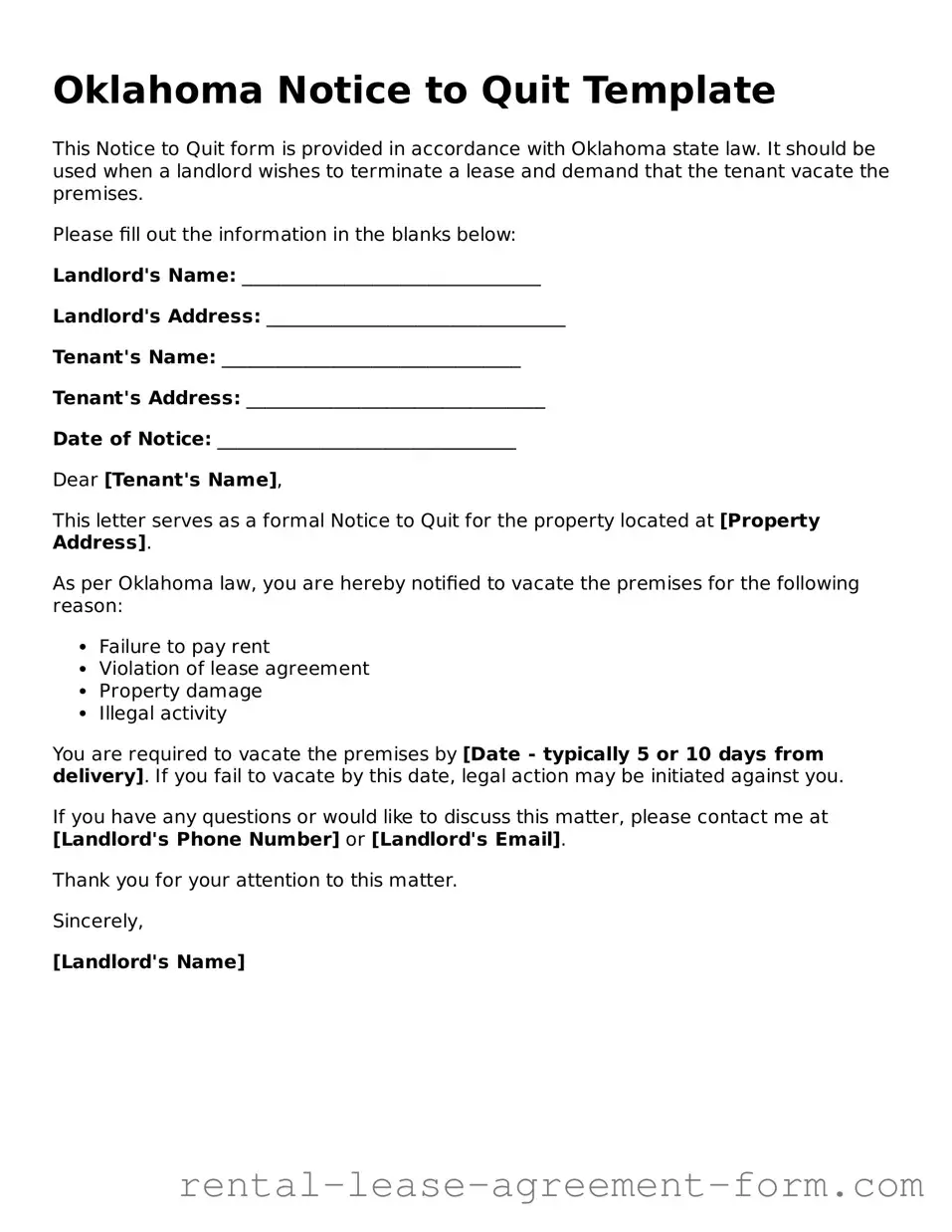 Legal Oklahoma Notice to Quit Template