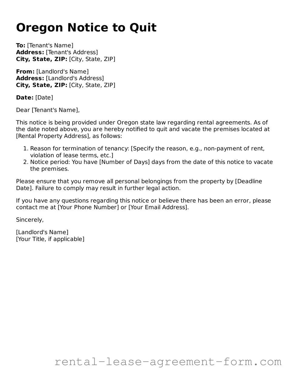 Legal Oregon Notice to Quit Template