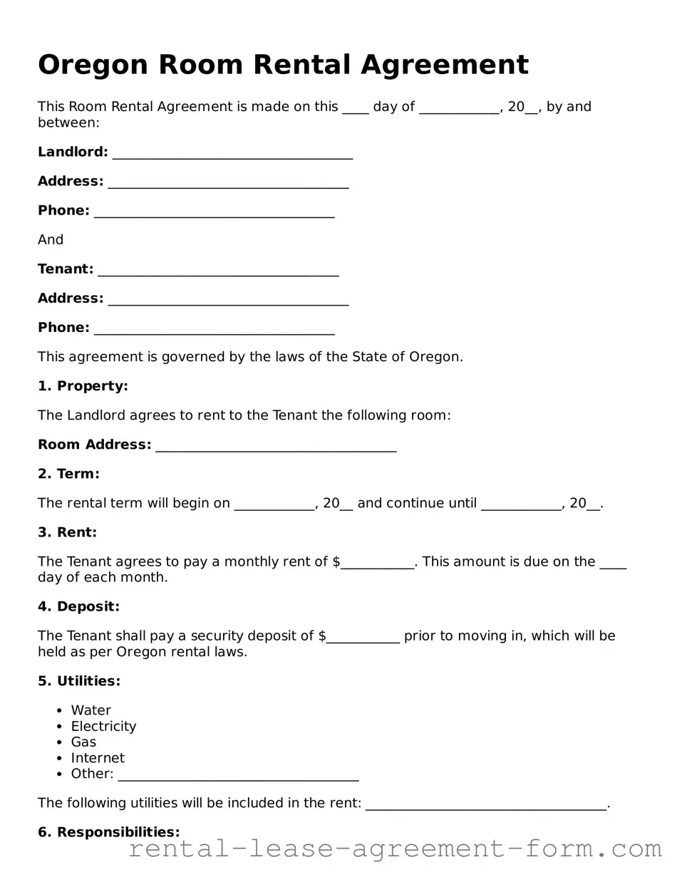 Legal Oregon Room Rental Agreement Template