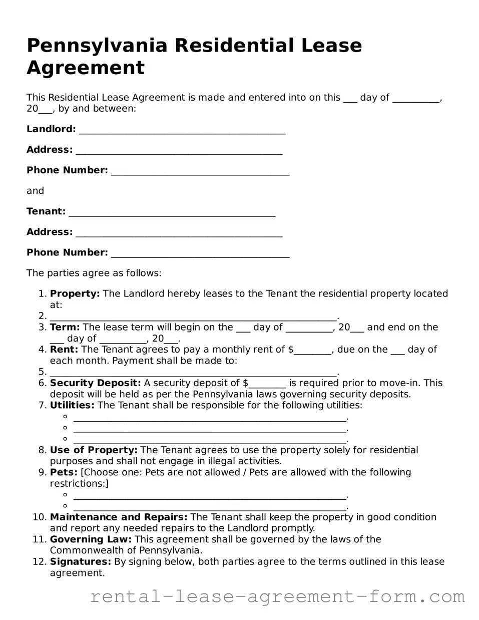 Legal Pennsylvania Residential Lease Agreement Template