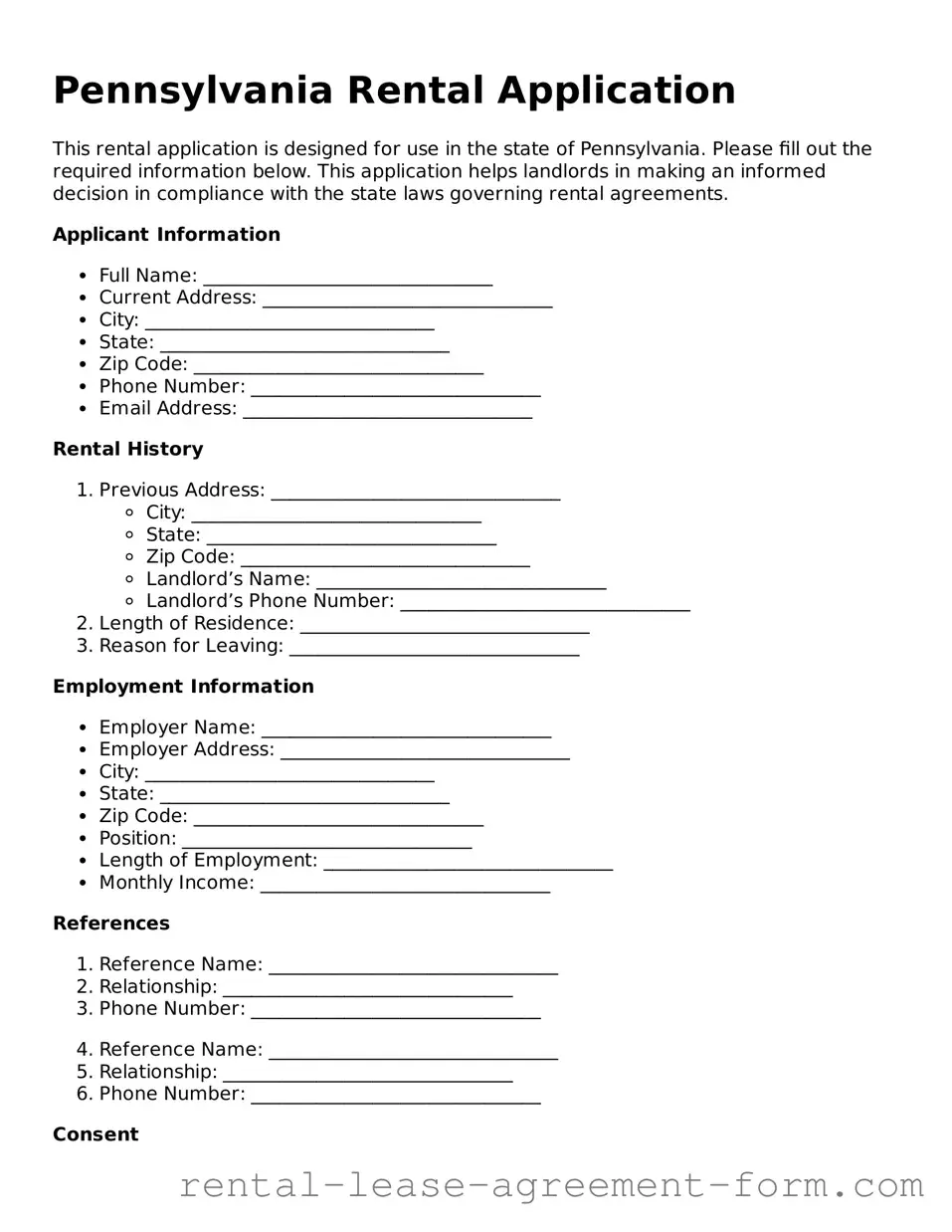 Legal Pennsylvania Rental Application Template