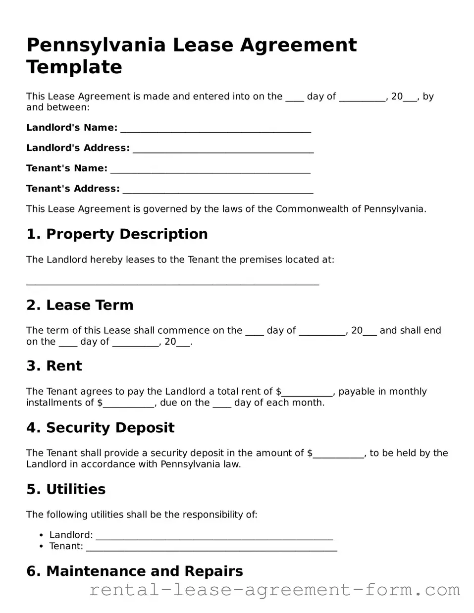 Legal Pennsylvania Lease Agreement Template