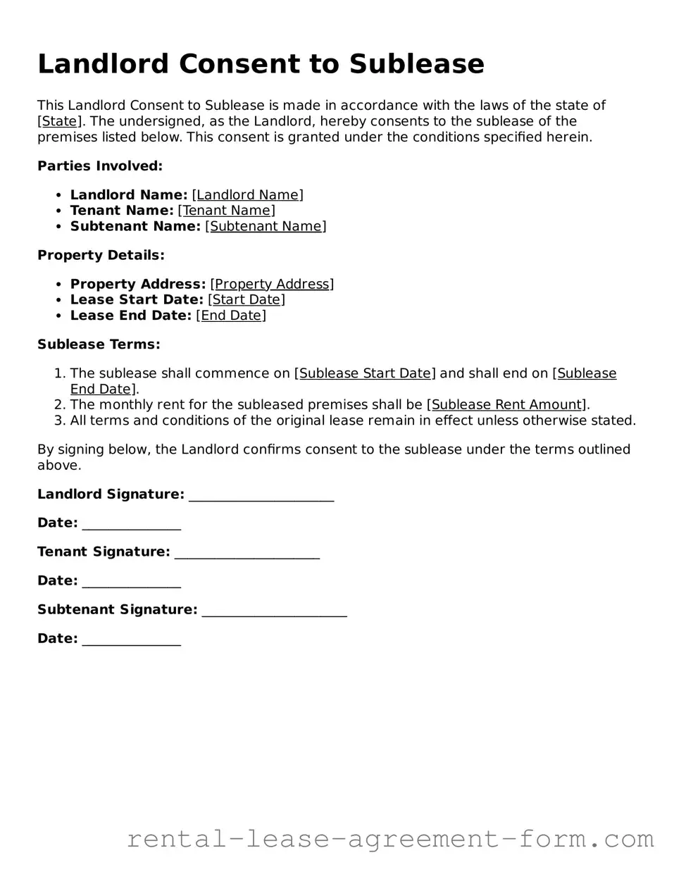 Legal Landlord Consent to Sublease Form