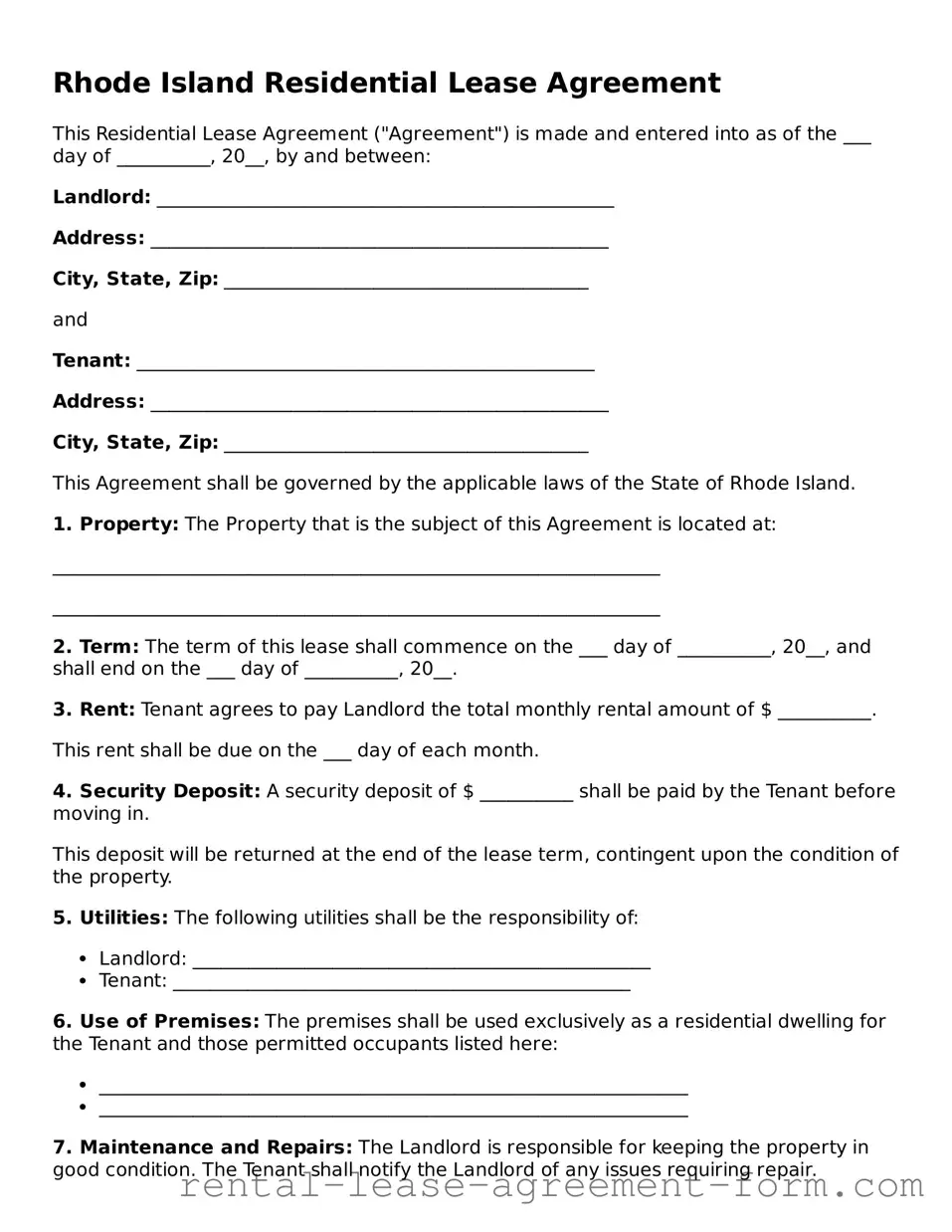 Legal Rhode Island Residential Lease Agreement Template