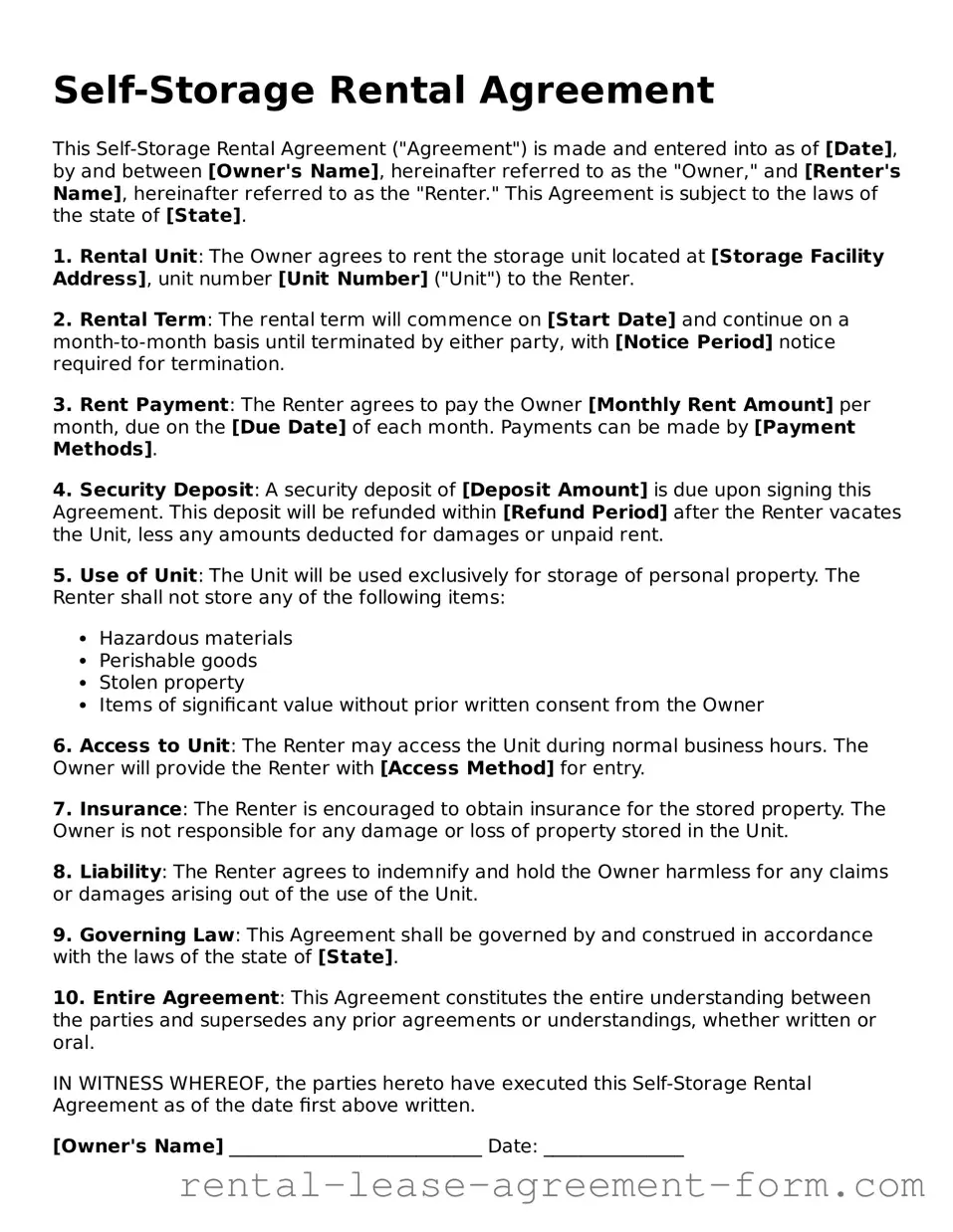 Legal Self-Storage Rental Agreement Form