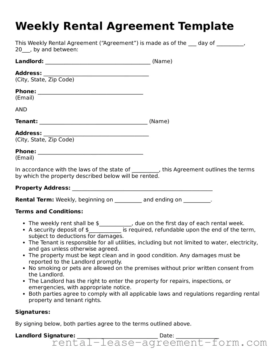 Legal Weekly Rental Agreement Form