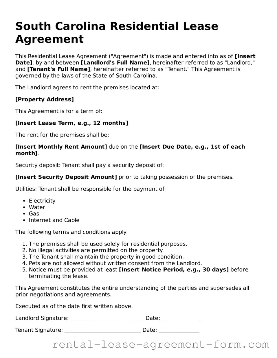 Legal South Carolina Residential Lease Agreement Template