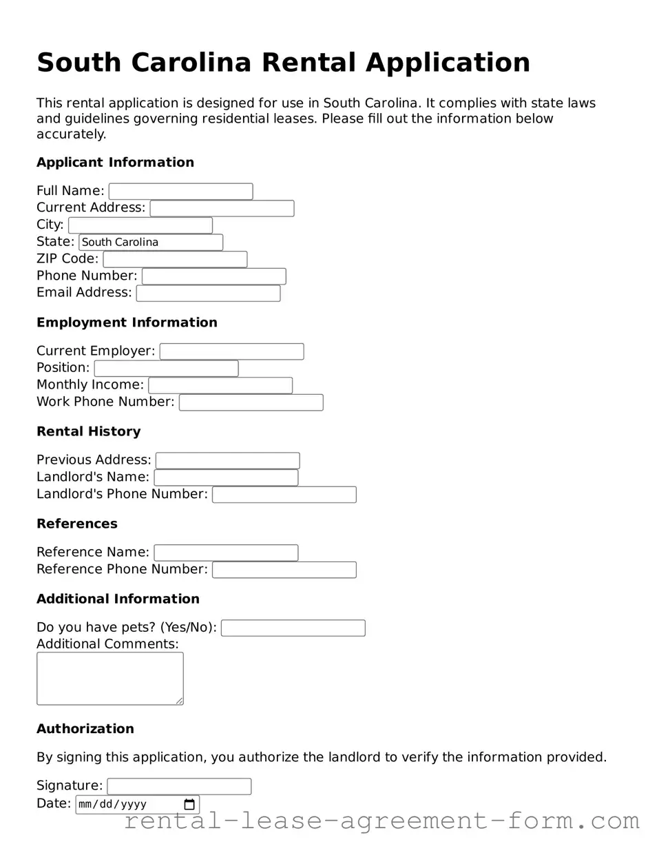 Legal South Carolina Rental Application Template