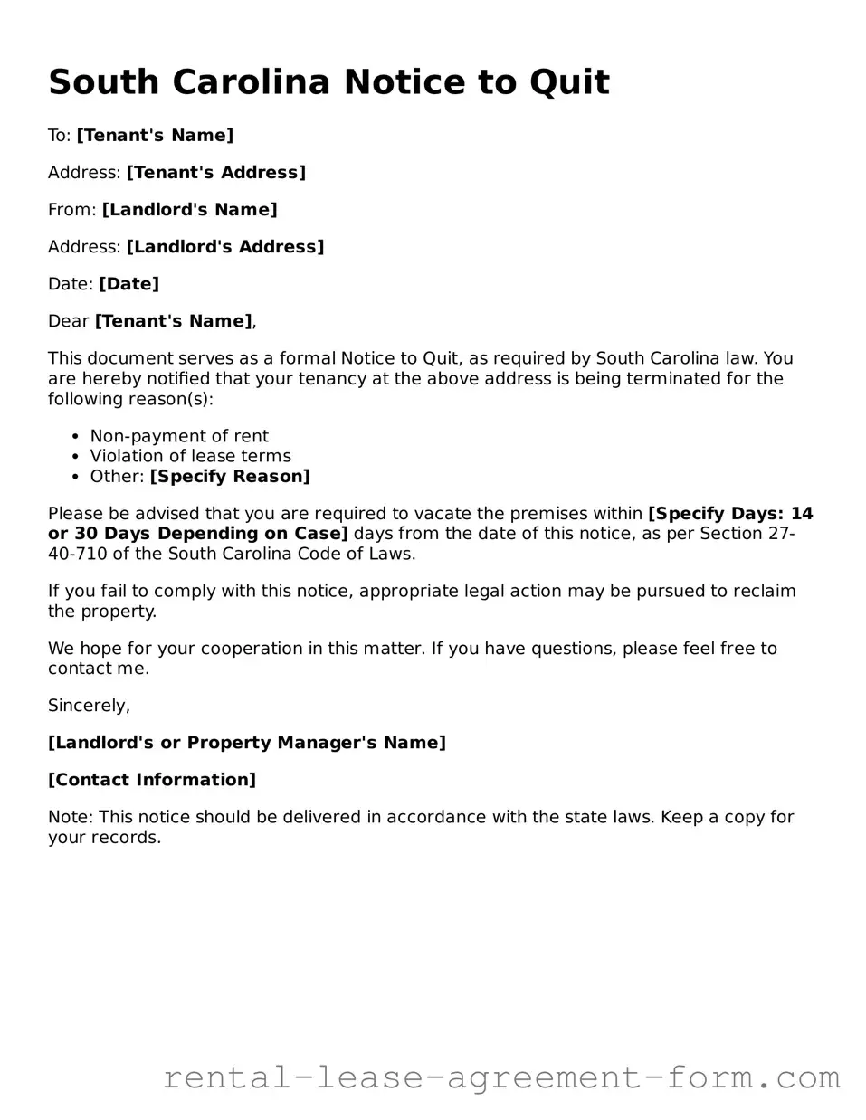 Legal South Carolina Notice to Quit Template