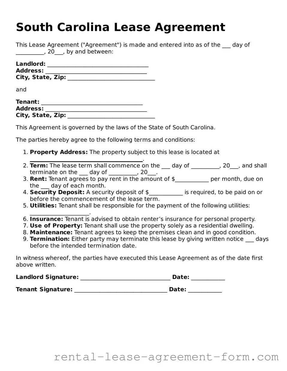 Legal South Carolina Lease Agreement Template