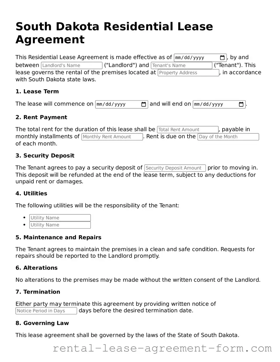 Legal South Dakota Residential Lease Agreement Template