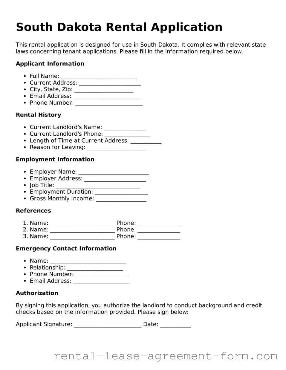 Legal South Dakota Rental Application Template