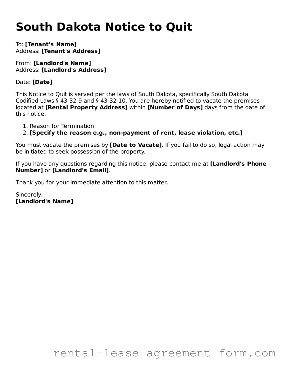 Legal South Dakota Notice to Quit Template