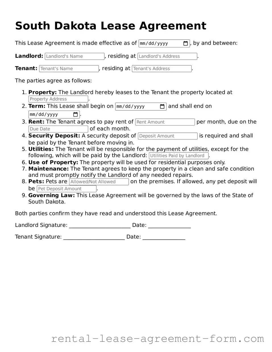 Legal South Dakota Lease Agreement Template