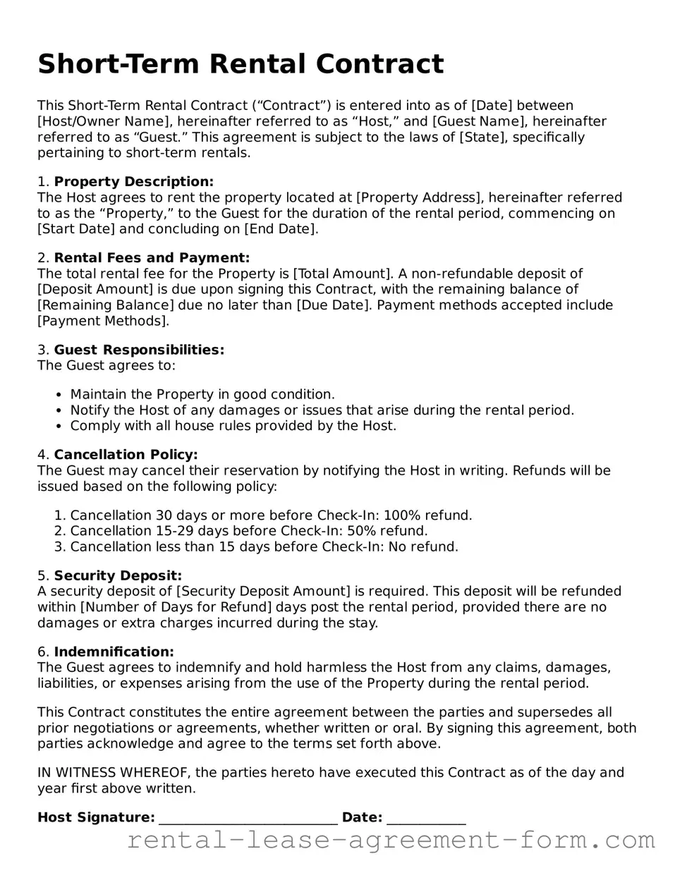 Legal Short-Term Rental Contract Form