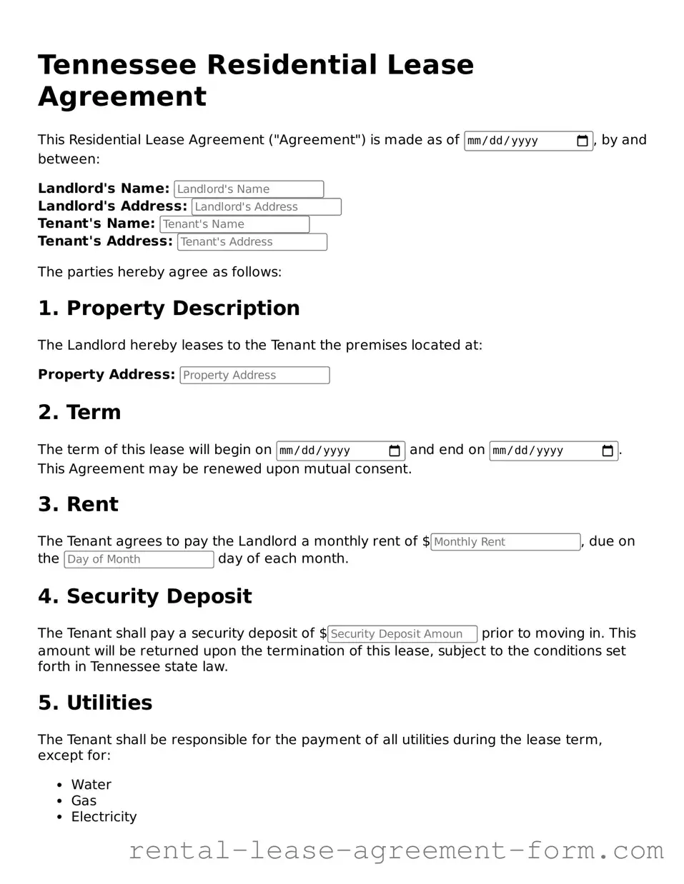 Legal Tennessee Residential Lease Agreement Template