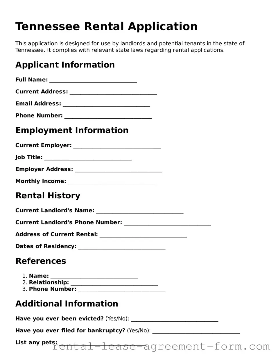 Legal Tennessee Rental Application Template