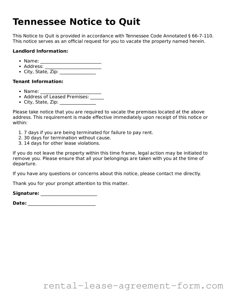 Legal Tennessee Notice to Quit Template