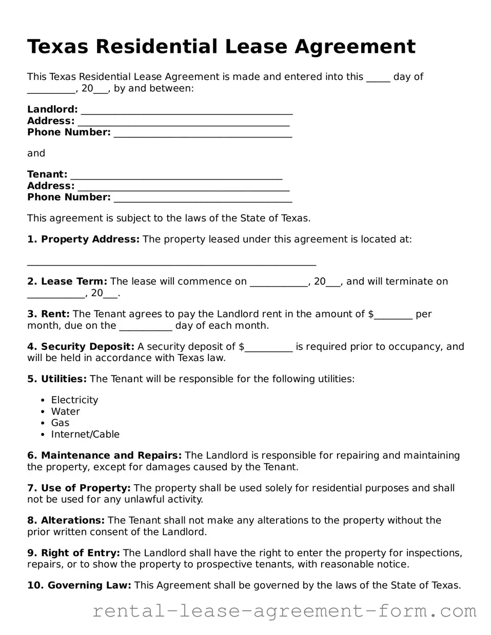 Legal Texas Residential Lease Agreement Template