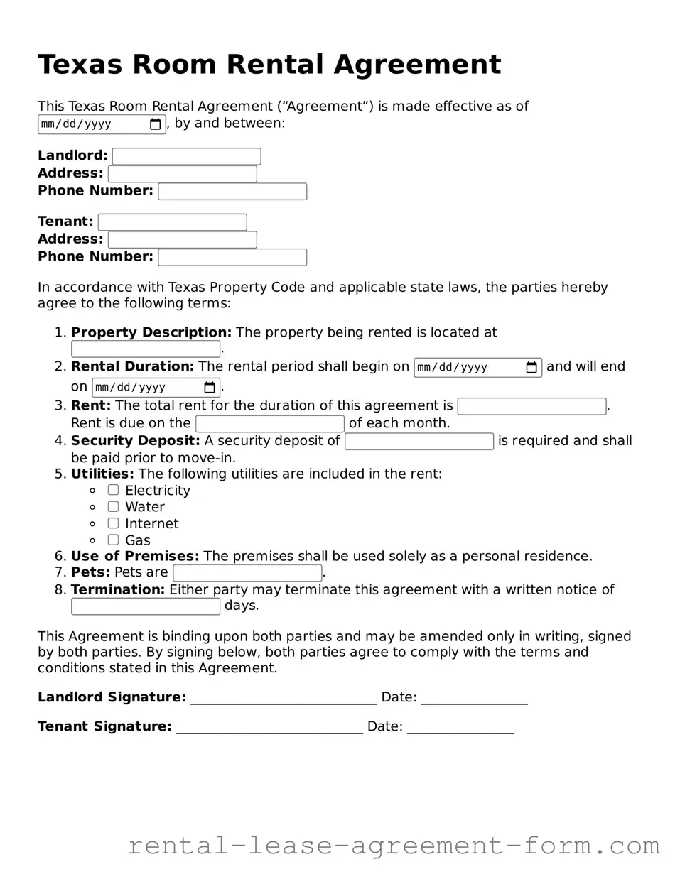 Legal Texas Room Rental Agreement Template