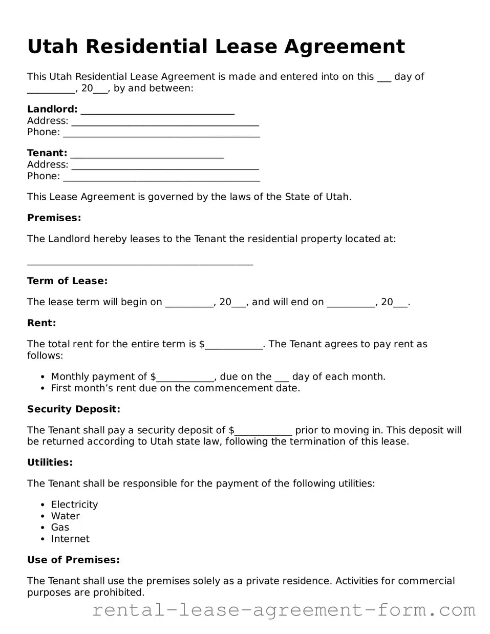 Legal Utah Residential Lease Agreement Template