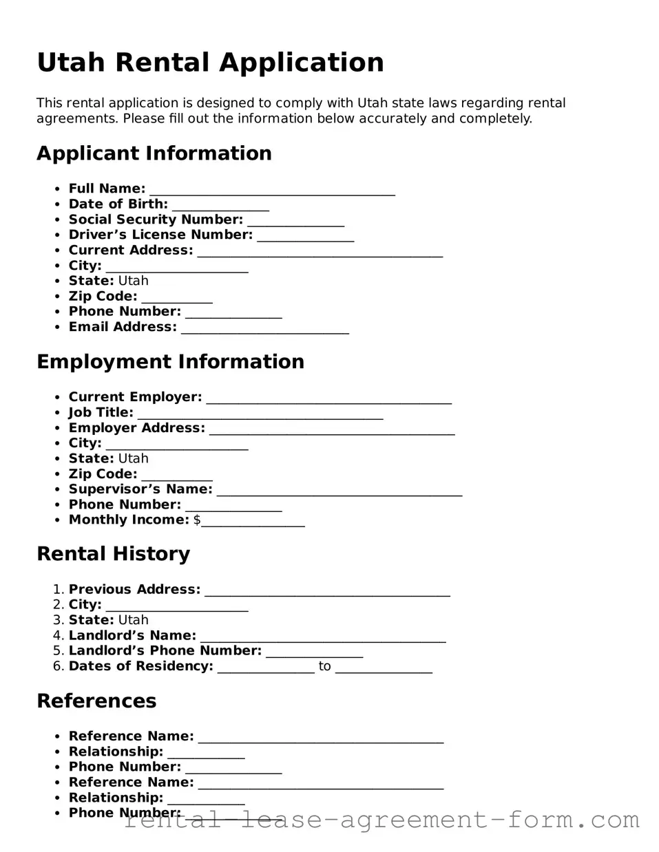 Legal Utah Rental Application Template