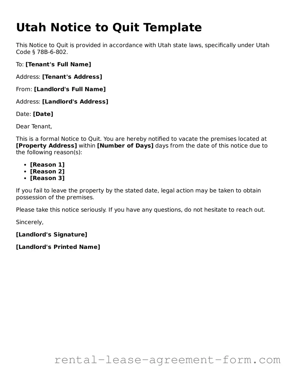 Legal Utah Notice to Quit Template