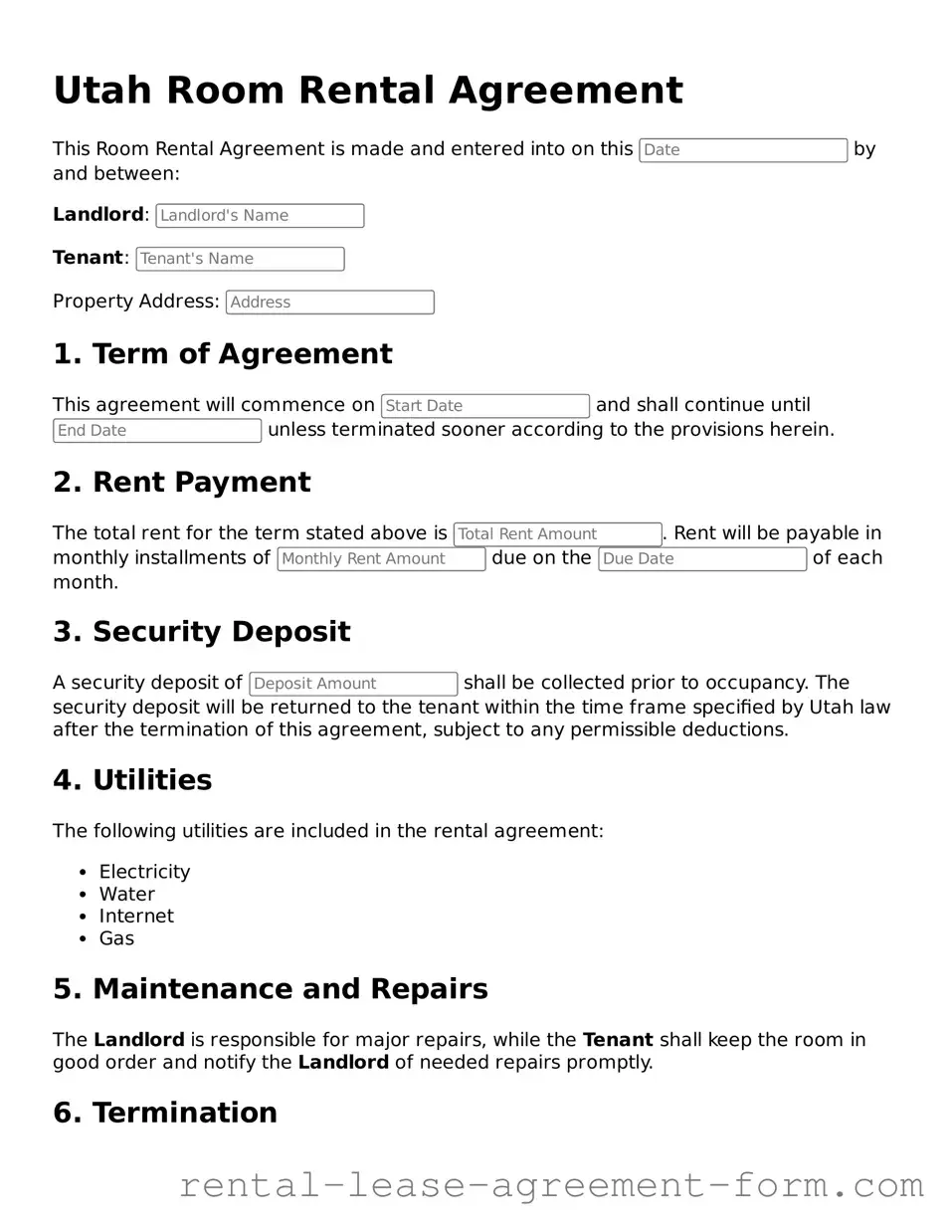 Legal Utah Room Rental Agreement Template